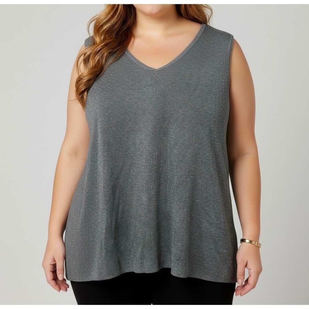 Chico's Silver Metallic Shimmer V-Neck Knit Tank Top Shell Size 4 XXL Sleeveless